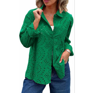 NEW Green Eyelet Button Down Rolled Up Long Sleeve Shirt XL